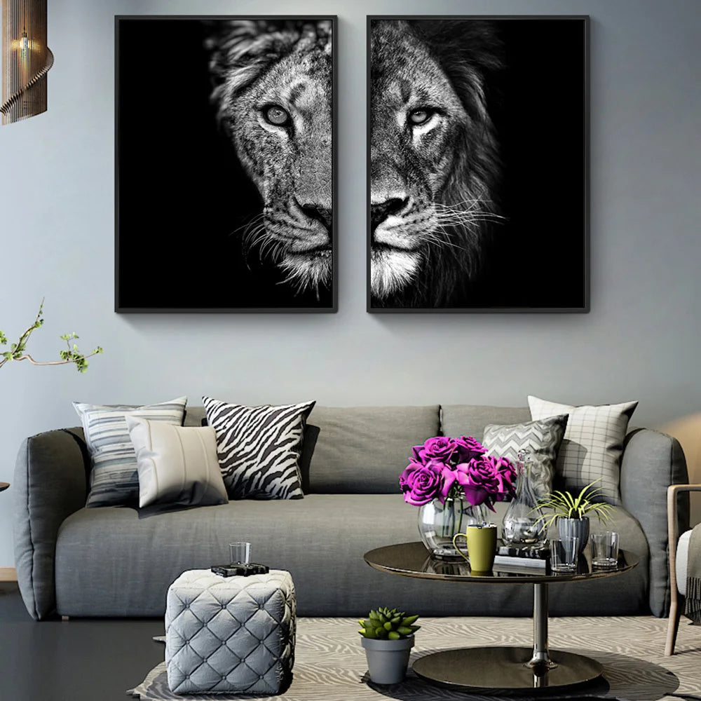 Tableau Lion intense Noir et blanc