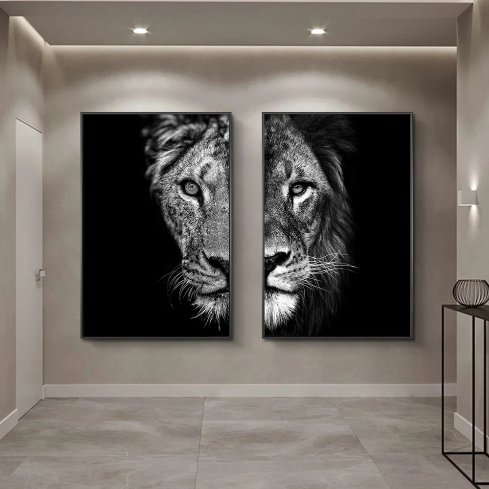 Tableau Lion intense Noir et blanc